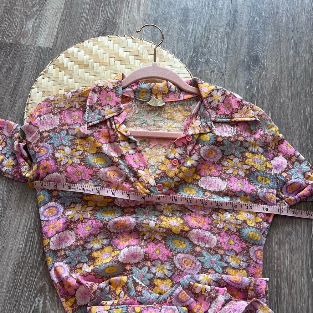 Vintage 1970’s mesh retro floral print disco collar button down blouse‎ - Picture 4 of 5